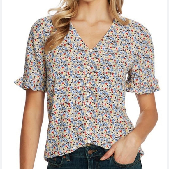 Cece | Red Yellow Blue White Ditsy Floral Short Ruffle Sleeve Blouse Size Small - Picture 2 of 6